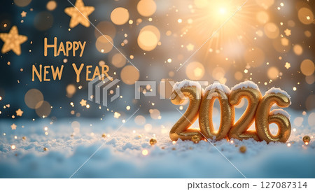 Enchanting 2026 new year celebration with golden glitter and festive bokeh lights Enchanting 2026 new year celebration with golden glitter and festive bokeh lights 127087314