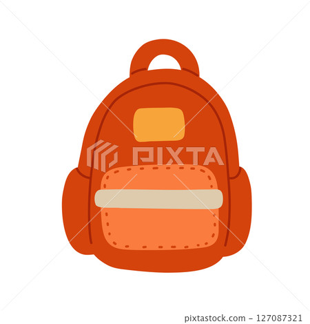 Bright orange backpack vector illustration, perfect for back-to-school designs, travel themes, and adventure gear promotions. Trendy and eye-catching graphic for all age groups. 127087321