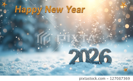 Enchanting New Year 2026 Landscape with Festive Snowfall and Golden Wishes Enchanting New Year 2026 Landscape with Festive Snowfall and Golden Wishes 127087369