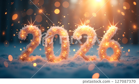 Shimmering New Year 2026 Celebration with Golden Numerals and Bokeh Lights Shimmering New Year 2026 Celebration with Golden Numerals and Bokeh Lights 127087370