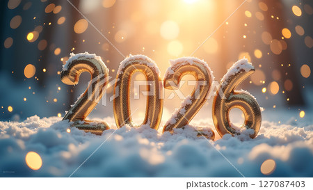 Golden 2026 numerals glistening on snowy field with dreamy bokeh backdrop Golden 2026 numerals glistening on snowy field with dreamy bokeh backdrop 127087403