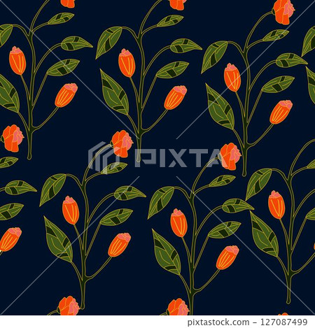 Seamless pattern with red flowers on dark blue background 127087499