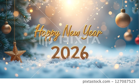A festive and enchanting Happy New Year 2026 background with ornaments 127087525