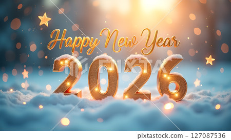Gleaming 'Happy New Year 2026' with a snowy touch and festive bokeh lights Gleaming 'Happy New Year 2026' with a snowy touch and festive bokeh lights 127087536