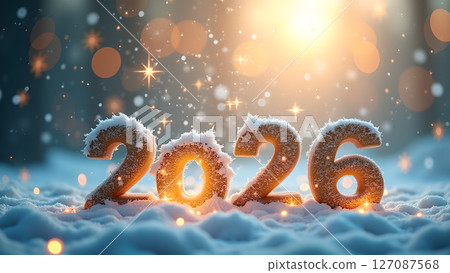 Sparkling golden 2026 with 'Happy New Year' message and festive bokeh lights Sparkling golden 2026 with 'Happy New Year' message and festive bokeh lights 127087568