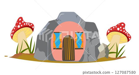 Fairytale cave with home entrance and two mushrooms 127087580