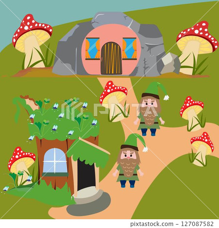 Fairytale village made of two magical houses and gnomes 127087582