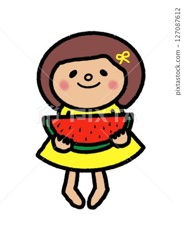 A girl in a summer dress smiling while holding her favorite watermelon 127087612