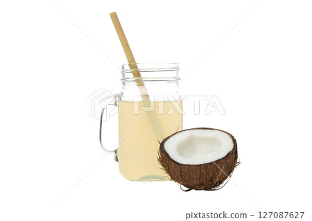 PNG, coconut milk in a jar, isolated on white background. PNG, coconut milk in a jar, isolated on white background. 127087627