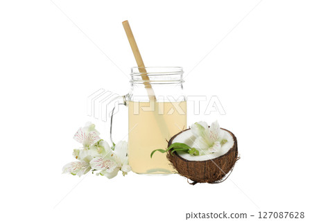 PNG, coconut milk in a jar, isolated on white background. 127087628