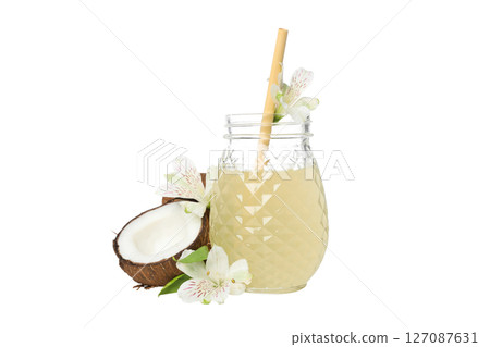 PNG, coconut milk in a jar, isolated on white background. 127087631