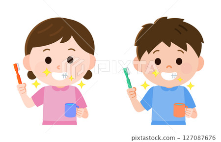Boy and girl brushing their teeth to make them clean - Illustration 127087676