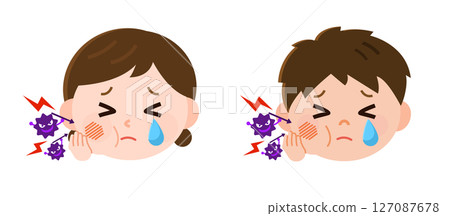 男孩和女孩因蛀牙和蛀牙細菌而臉頰腫脹哭泣,僅頭部,插圖 男孩和女孩因蛀牙和蛀牙細菌而臉頰腫脹哭泣,僅頭部,插圖 127087678