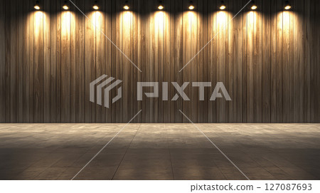 spacious room featuring wooden wall with spotlights illuminating area, creating warm and inviting atmosphere 127087693