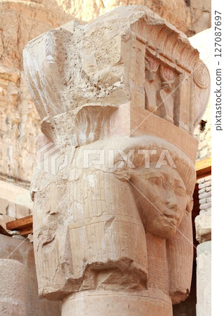 Hathor headed capital at the Mortuary Temple of Hatshepsut in Deir al-Bahri near Luxor, Egypt, Middle East, North Africa. 127087697