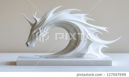 stunning abstract sculpture of unicorn head, featuring flowing lines and smooth white finish, evokes sense of elegance 127087699