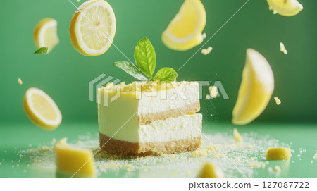 Delicious lemon cheesecake with floating lemon slices and mint leaves, creating refreshing and vibrant dessert scene 127087722
