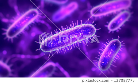 Luminous bacteria in digestive tract glowing under microscope, showcasing vibrant colors and intricate details 127087773