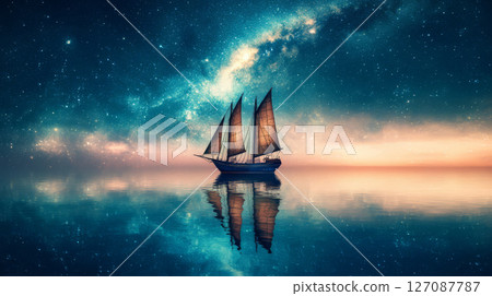 majestic sailing ship with cosmic sails glides through tranquil sea under Milky Way, reflecting beauty of universe 127087787