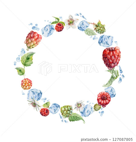 Raspberry berries wreath flying in water splash with leaves, ice cubes, dew drops hand drawn in watercolor. Ripe garden dewberry cloudberry mulberry. Isolated circle frame. Fresh grocery store, drinks 127087805