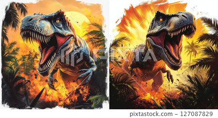 Intense and dramatic illustration of roaring dinosaur in vibrant jungle setting, showcasing power and ferocity 127087829