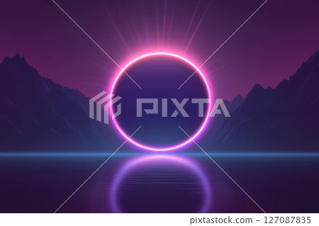 vibrant neon circle light effect illuminates serene landscape with mountains and reflective water surface, creating 127087835