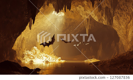 captivating cave landscape featuring bats flying in mystical environment with stalactites and reflections on water 127087836