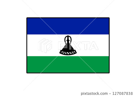 The Lesotho flag features three horizontal stripes of blue, white, and green, with a black Basotho hat in the center symbolizing the country's culture and heritage. 127087838