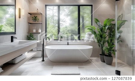 serene minimalist bathroom featuring freestanding bathtub, light gray tiles, and lush greenery, creating tranquil atmosphere 127087839