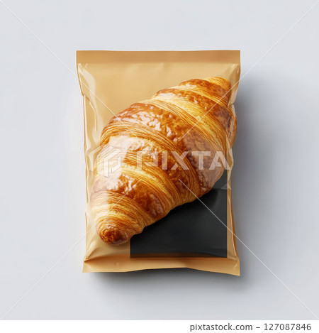 delicious croissant transparent packaging, showcasing its flaky texture and golden brown color, perfect for bakery displays 127087846