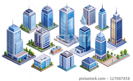Modern isometric city illustration with urban skyscraper buildings and residential architecture 127087858