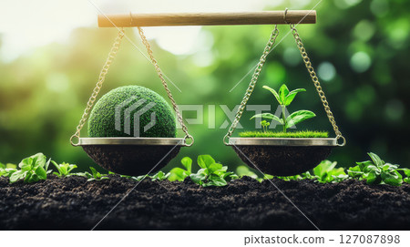 balanced scale showcases green sphere and small plant, symbolizing environmental sustainability and growth 127087898