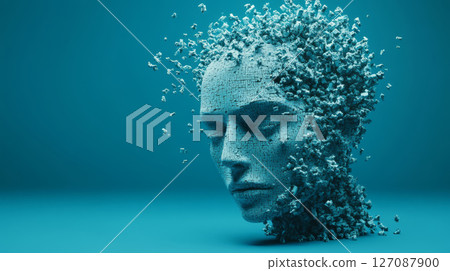 Digital human face emerging from particles, showcasing blend of technology and art, evoking sense of innovation and creativity 127087900