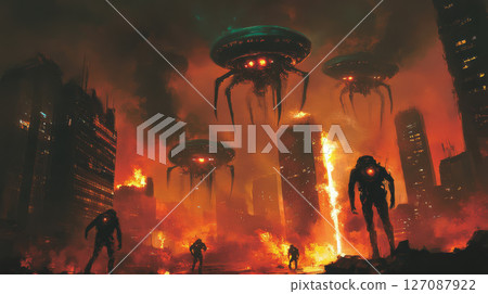 Intense scene of alien chaos with extraterrestrial creatures and fiery destruction in futuristic cityscape 127087922