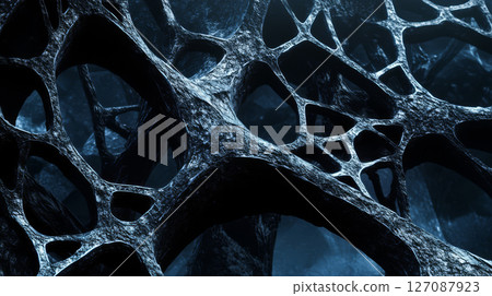 Intricate network of dark, organic shapes resembling skeletal structure, evoking sense of depth and mystery 127087923