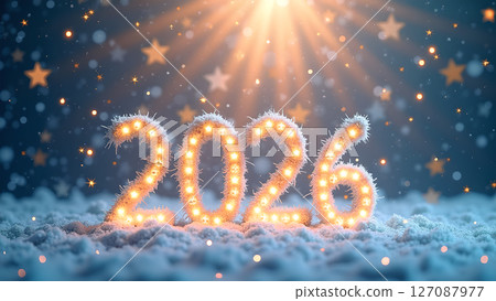 Sparkling '2026' Lights Against a Starry and Snow-Dusted Background 127087977