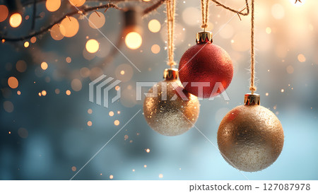 Festive holiday ornaments hanging against a backdrop of golden bokeh lights 127087978