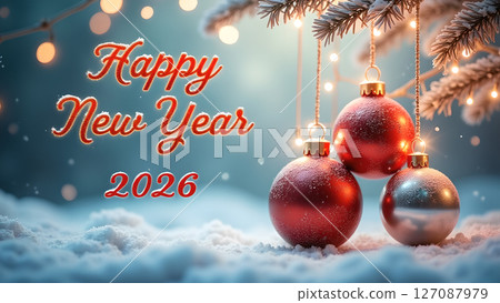 Festive New Year 2026 Celebration with Ornament Decorations and Sparkling Lights 127087979