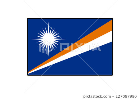 The graphic depicts the flag of the Marshall Islands, featuring a blue background with a prominent orange and white diagonal stripe and a bright sun symbol. Its design reflects the nation's heritage. The graphic depicts the flag of the Marshall Islands, featuring a blue background with a prominent orange and white diagonal stripe and a bright sun symbol. Its design reflects the nation's heritage. 127087980