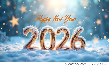 Festive greeting image displaying Happy New Year 2026 with ornament and bokeh Festive greeting image displaying Happy New Year 2026 with ornament and bokeh 127087982