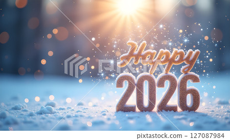 Radiant 2026 Celebration: Golden Numerals and Ornament Glow in Winter Ambiance Radiant 2026 Celebration: Golden Numerals and Ornament Glow in Winter Ambiance 127087984
