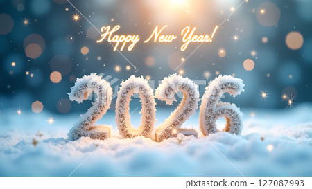 Festive greeting of Happy New Year 2026 with vibrant holiday ornaments 127087993