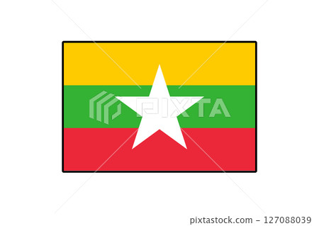 The flag features horizontal stripes of yellow, green, and red with a central white star, representing Myanmar's national identity and cultural heritage. 127088039