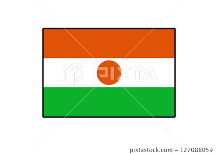 The flag features horizontal stripes of orange, white, and green, with an orange circle at the center, representing the nation of Niger, its culture, and identity. The flag features horizontal stripes of orange, white, and green, with an orange circle at the center, representing the nation of Niger, its culture, and identity. 127088059