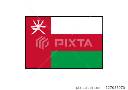 The flag of Oman features a vibrant design with red, white, and green stripes, symbolizing the nation's heritage and pride. The emblem displays the national coat of arms prominently. 127088070