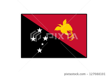 The flag showcases a diagonal split design with a black half featuring white stars, and a red half displaying a golden bird of paradise, symbolizing Papua New Guinea's heritage. The flag showcases a diagonal split design with a black half featuring white stars, and a red half displaying a golden bird of paradise, symbolizing Papua New Guinea's heritage. 127088101