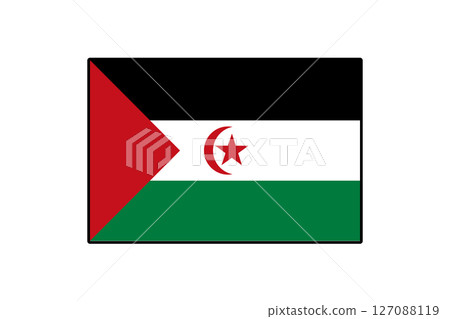 The flag of the Sahrawi Arab Democratic Republic features horizontal stripes of black, white, green, and red, with a crescent and star, symbolizing the Sahrawi people's identity and aspirations. 127088119