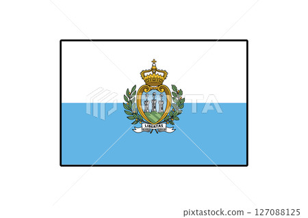 The flag of San Marino features a horizontal tricolor design with blue and white sections, showcasing the national coat of arms in the center with three towers and a crown. 127088125