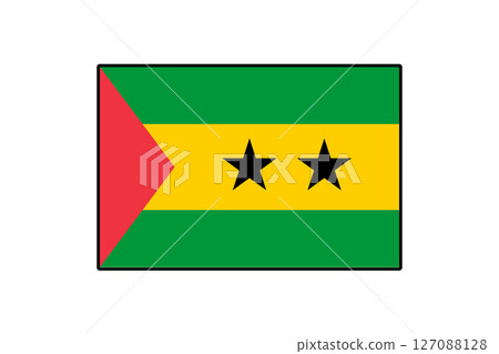 This graphic features the vibrant flag of Sao Tome and Principe, showcasing its distinct colors and symbols that represent the nation's identity and heritage. 127088128