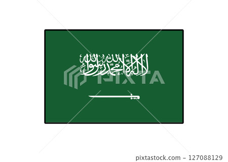 The national flag of Saudi Arabia displays a rich green background with white Arabic script and a sword. It symbolizes the country's Islamic heritage and strength. 127088129